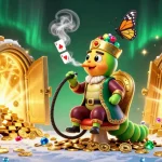 Illustration engageante sur le casino en ligne avec un personnage cartoon et des trésors scintillants