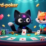 Experience three-card-poker excitement with vibrant characters at a cosmic gaming table, pulling in golden chips.