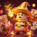 Experience the thrill of winning on DUCATITOGEL with colorful slots and magical elements in a vibrant casino scene.