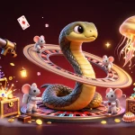 Engage with daftar spaceman88: Astronaut mice betting around a cosmic roulette with vibrant casino elements.