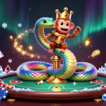 Meilleur site de poker en ligne avec un serpent arc-en-ciel entourant une table de poker animée.