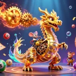 Experience the excitement of xocdiabip with a vibrant 3D scene featuring a golden dragon amidst lottery elements.