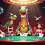 Permainan leci123 dalam suasana kasino yang menakjubkan dengan elemen dinamis kartu dan chip poker.