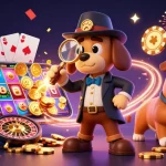 ok9 slots action with a cartoon detective uncovering clues amidst vibrant casino elements.