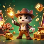 Experience situs parlay with a thrilling jackpot scene featuring coins, slots, and excited characters.