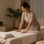 Relaxing 서울출장안마 home massage setting with therapist preparing for session.