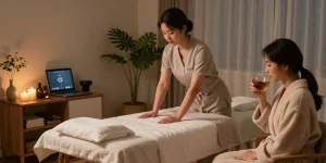 Relaxing 서울출장안마 home massage setting with therapist preparing for session.