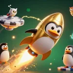 Bancatai's golden penguin rockets through a vibrant casino space scene filled with crypto elements.