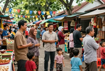 Suasana komunitas Leci123 di pasar Indonesia dengan warga yang ceria dan berinteraksi.