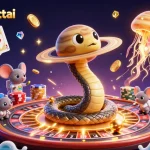 Experience the thrill of gamephattai with animated characters, coins, and slot elements in a dynamic casino scene.