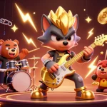 Bolaslot88 casino scene with a rock star wolf and drummer bear highlighted by dynamic gaming elements.