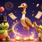 Join the excitement of BTY9234 with vibrant casino characters celebrating wins amid lottery balls and confetti.