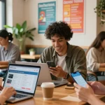 Engaging scene of users interacting with BedPersonal for local classifieds in a cozy café