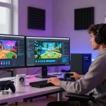 Gamer bekerja di ruang pengembangan futuristik, mendesain permainan dengan perangkat canggih sambil memprediksi permainan di layar.