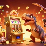 Experience excitement with link gacor at a lively online slot scene featuring dinosaurs and jackpots.