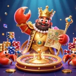 Jouer au casino en ligne avec un empereur crabe doré entouré de serviteurs portant des jetons en or.