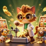 Vivez l'expérience passionnante d'un nouveau casino en ligne avec un chat scientifique et un chien assistant entourés de pièces d'or et de machines à sous.