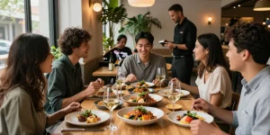 Friends enjoying a meal at TrestleOnTenth, highlighting the Sydney303 Slot experience.