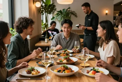 Friends enjoying a meal at TrestleOnTenth, highlighting the Sydney303 Slot experience.