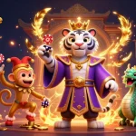 Animation sur un casino en ligne avec un tigre, un singe jongleur et un dragon, entourés de pièces d'or.