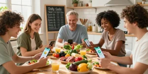 People tracking their meals with the best calorie tracker app in a vibrant kitchen setting.