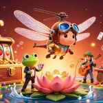 Experience exciting gameplay at kerajitu with a lively 3D illustration of a dragonfly pilot and a frog croupier.