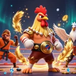 Affichez la licence spinboss casino dans une scène animée de combats avec des personnages colorés autour de jetons d'or.