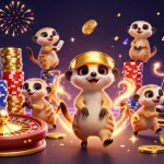 topnhacaimoi showcases meerkat casino antics amidst cascading coins and vibrant gaming elements