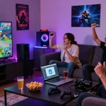 Friends playing CIKA4D multiplayer game in a cozy living room setting.