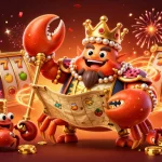 Jouez à spinboss casino jeux avec le crabe doré et des symboles chanceux dans une scène festive.