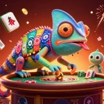 Experience the vibrant action of 开云体育 with a chameleon casino owner and festive game elements in a 3D illustration.