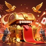 Engage in exciting gameplay at NEW88 with vibrant visuals, a golden treasure chest, and festive decorations.