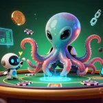 Engage in thrilling pptoto slot action with a vibrant alien octopus at a holographic poker table.