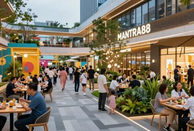 MANTRA88 scene featuring diverse groups enjoying entertainment and dining in a vibrant commercial hub.
