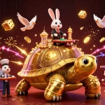 オンラインカジノ ブラックジャックでの巨大な金のカメとウサギのディーラーがカジノゲームを模したシーン