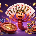 Une illustration dynamique de dealer de casino en ligne avec de nombreuses cartes, jetons colorés et pièces d'or volantes.