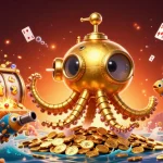 Nouvelle scène de casino en ligne mettant en scène un kraken doré et des poissons mécaniques, dans une mer de pièces d'or.