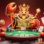 Engage with rr88 dang nhap through a vibrant illustration of a casino scene featuring a golden crab emperor and poker elements.