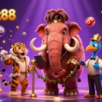 Bolaslot88 presents an engaging casino scene with a woolly mammoth bouncer and lottery elements, inviting players to join.
