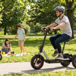 Adult on electric tricycle enjoying a sunny park ride, showcasing tricycles.