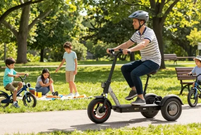 Adult on electric tricycle enjoying a sunny park ride, showcasing tricycles.