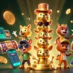 Experience the thrill of 7P777 with a vibrant casino scene featuring diverse 3D characters and animated slot elements.