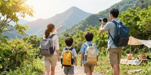 Family hiking together on a scenic trail, embodying the mantra88 spirit of adventure and exploration.