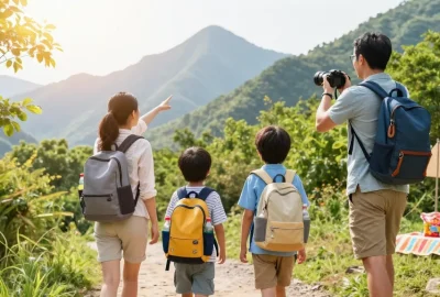 Family hiking together on a scenic trail, embodying the mantra88 spirit of adventure and exploration.