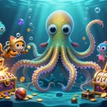 Engage with Bandar Slot Terbaru showcasing a giant kraken, a diving cat, and rich gaming elements.
