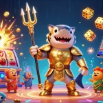 Gambarkan aksi permainan slot di kuy138 dengan hiu kartun, mesin slot, dan suasana koloseum bawah laut.