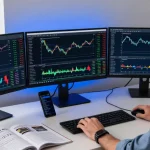 Trader analyzing MetaTrader 4 charts in a modern home office environment with financial magazines and multiple screens.