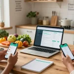Group of people using the best food tracker apps in a modern kitchen setting, surrounded by fresh ingredients.