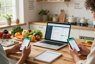 Group of people using the best food tracker apps in a modern kitchen setting, surrounded by fresh ingredients.
