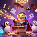 Permainan sbobet dengan penguin yang bermain organ, koin emas menempel di udara.
